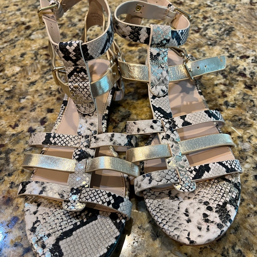 Aldo Black and White Gladiator Sandals with Metallic Accents